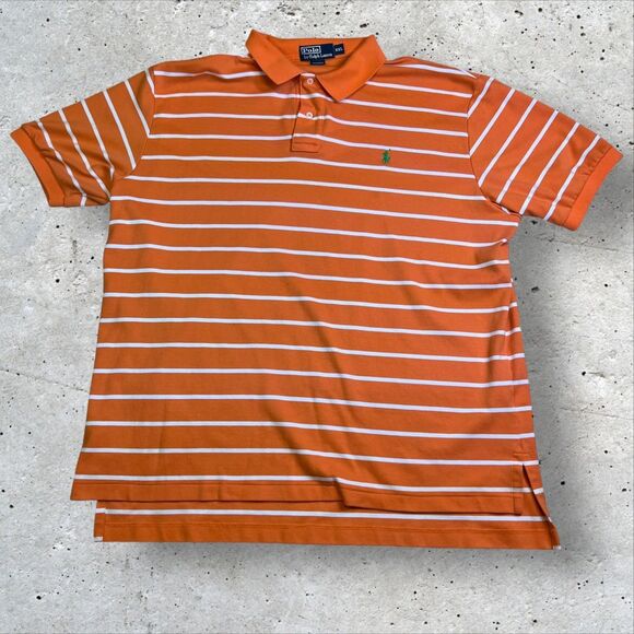 Ralph Lauren Polo Shirt Size XXL Orange White Striped Short Sleeve Green Pony - Picture 1 of 9